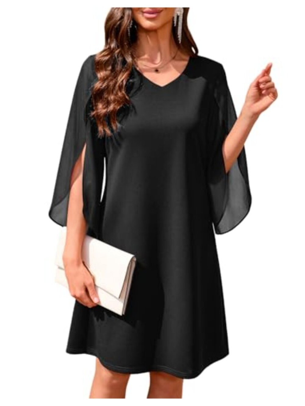 V Neck Flutter Chiffon Sleeve Cocktail Dress A-Line Knee Length Semi Formal